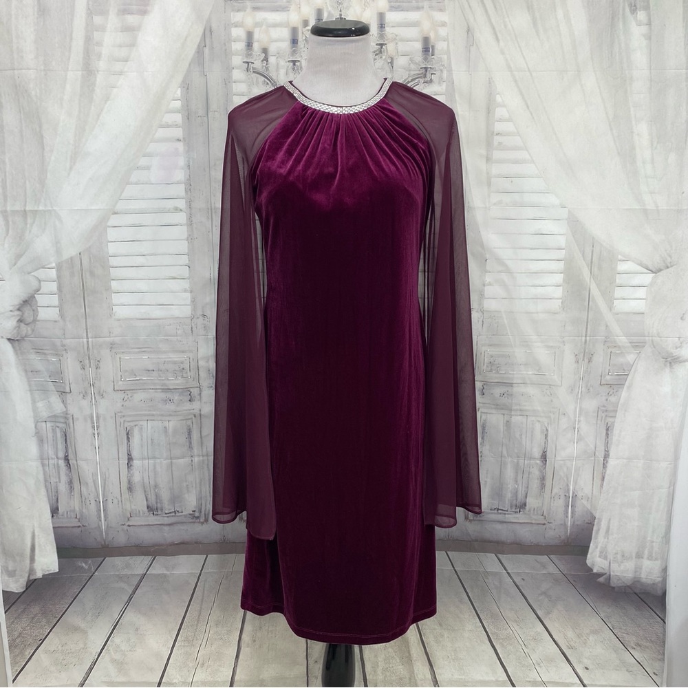 NWT R&M Richards Size 8 Plum Purple Rhinestone Cape Sleeve Sheath Dress Chiffon - Picture 2 of 15